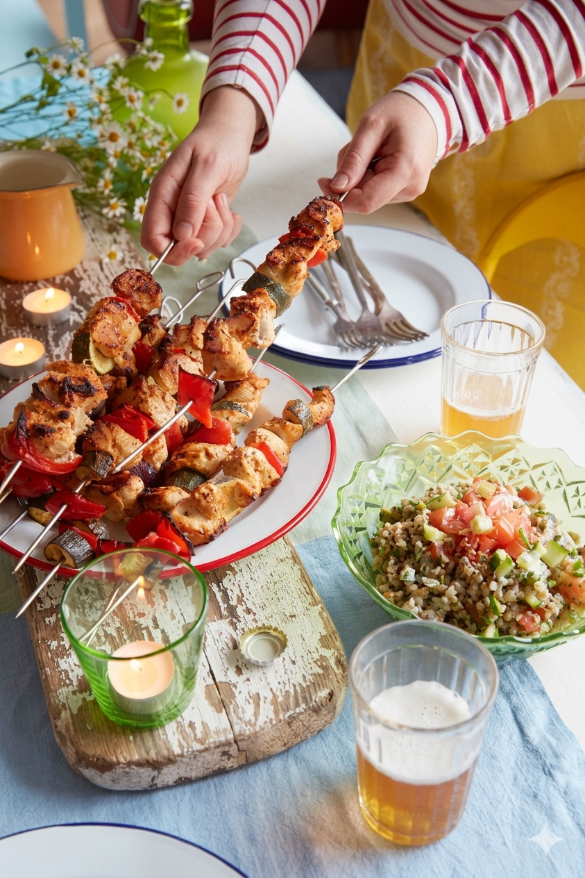 Vištienos tandoori vėrinukai su daržovėmis ir grikių tabbouleh